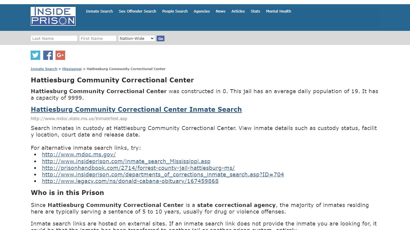 Hattiesburg Community Correctional Center - Inmate Search